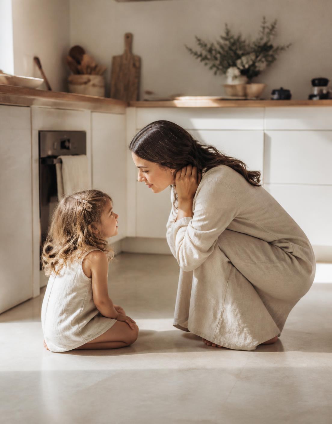 A parent crouching to meet their child at eye level on a sunlit kitchen floor